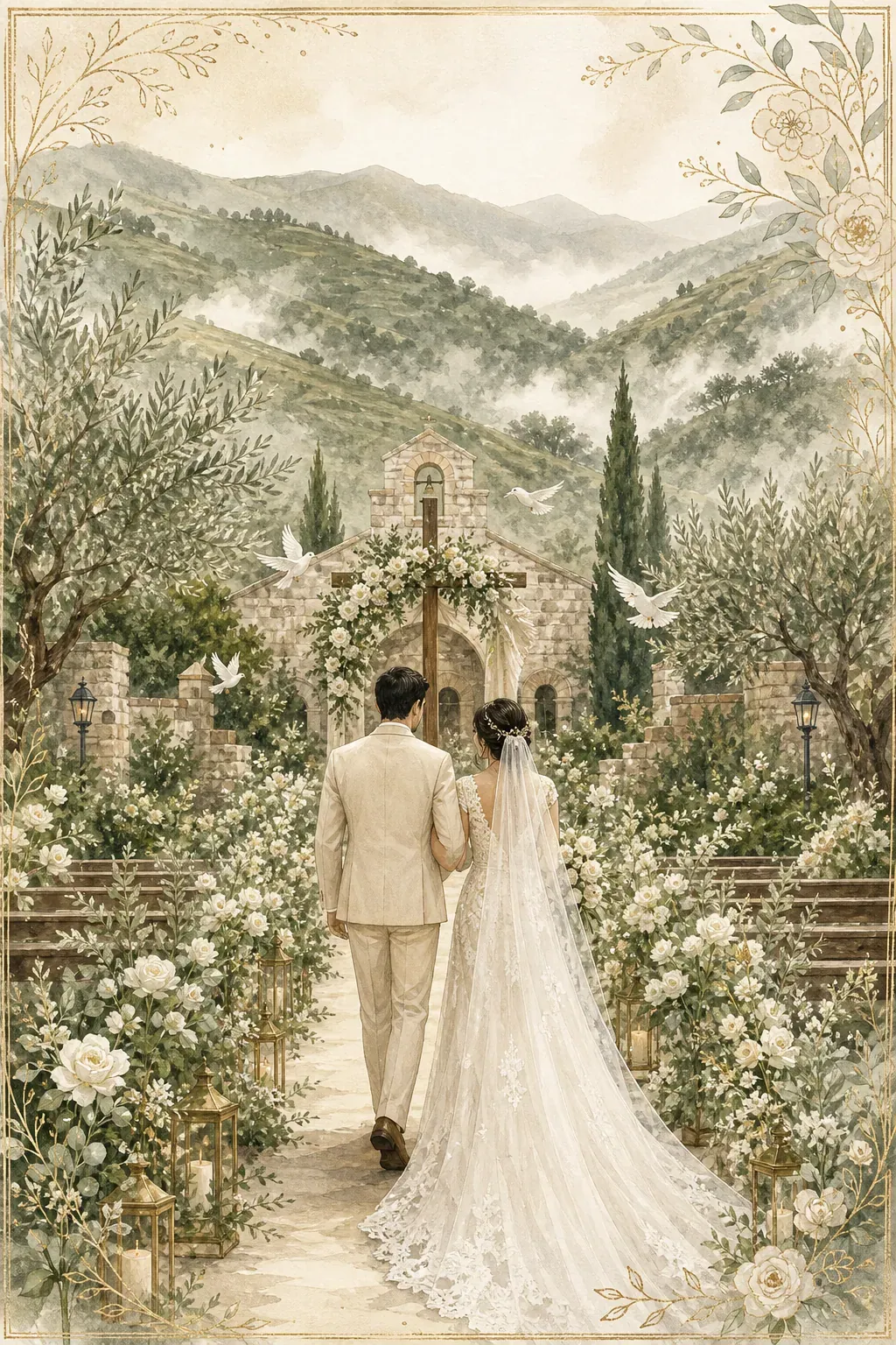 Holy matrimony story: chapel garden, aisle, and couple walking under a floral arch