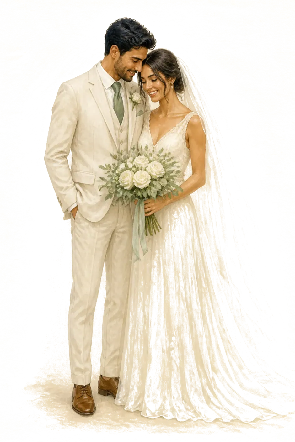 Ethan and Lily, in cream suit and ivory gown with a long veil