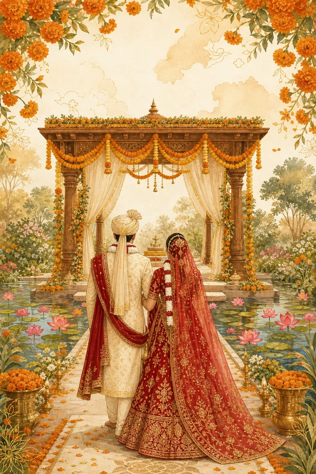 Vivah story: marigold garden, mandap, and couple walking toward the ceremony