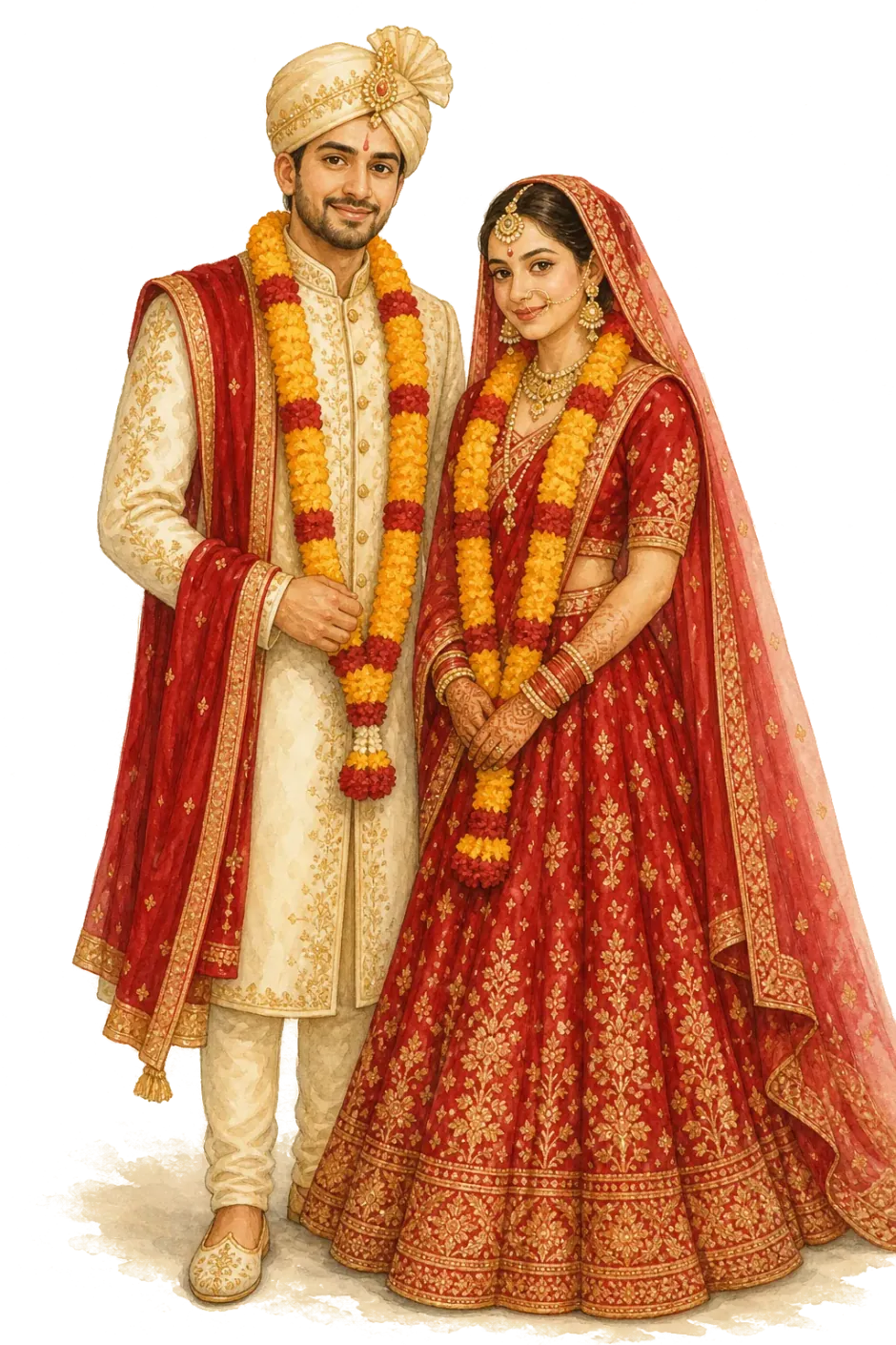 Aarav and Priya, in cream sherwani and crimson lehenga, with marigold varmala