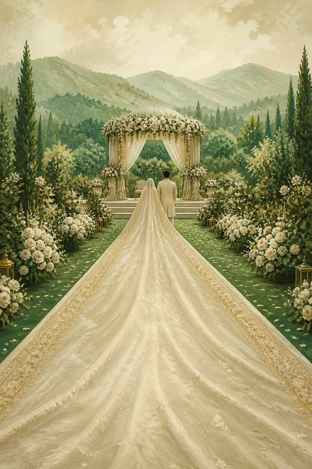 Nikah story: garden, stage, couple and spreading dupatta