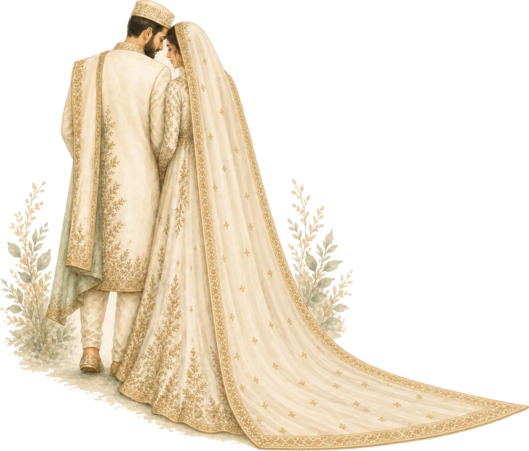 Amina and Yusuf, in cream sherwani and ivory embroidered gown, her dupatta covering her head